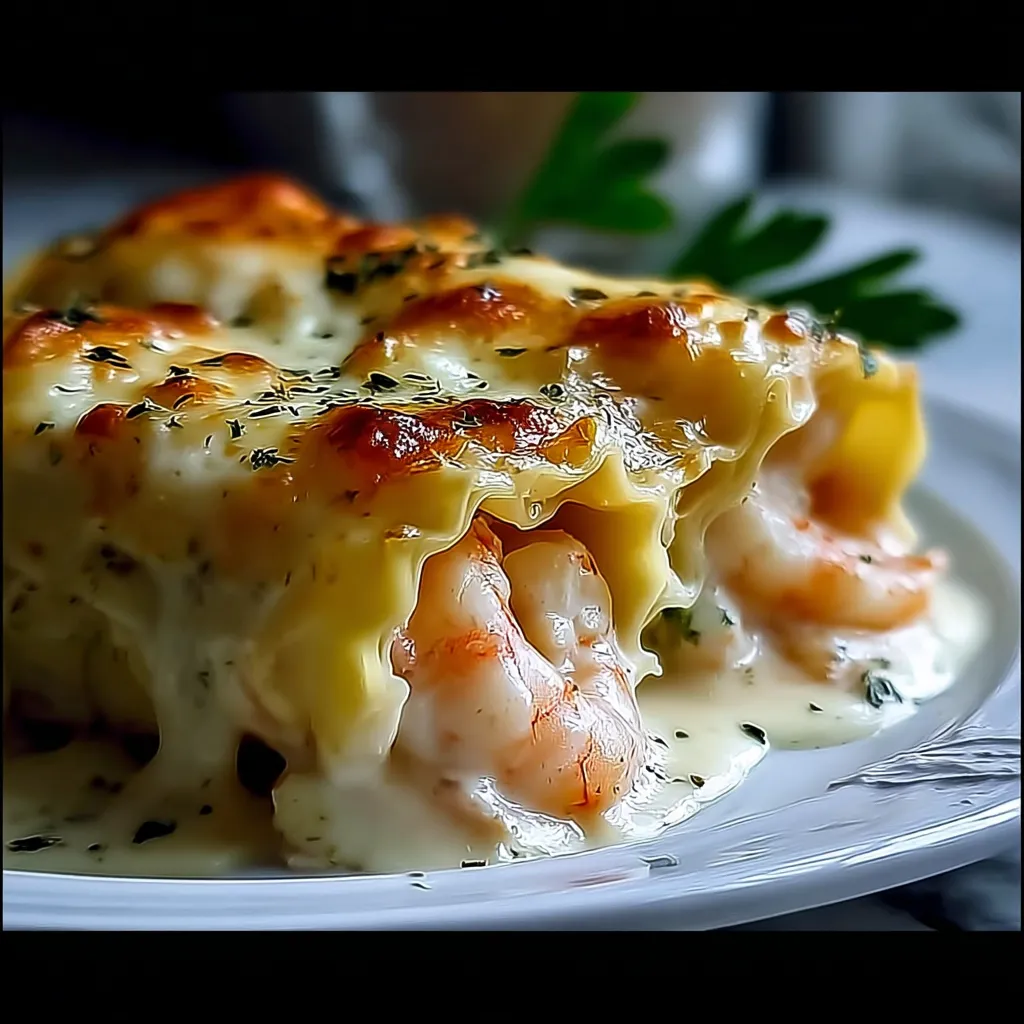 A plate of food with shrimp and cheese.