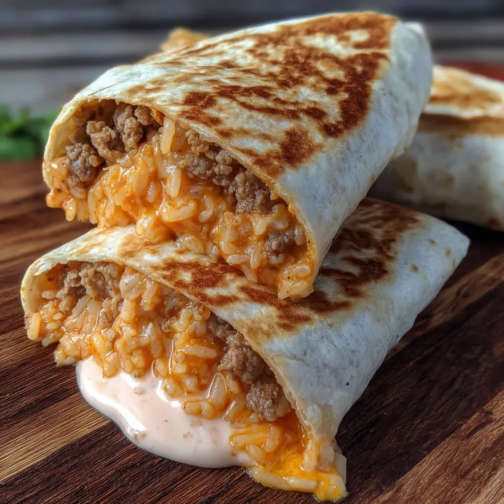 A burrito with rice and meat on a wooden table.