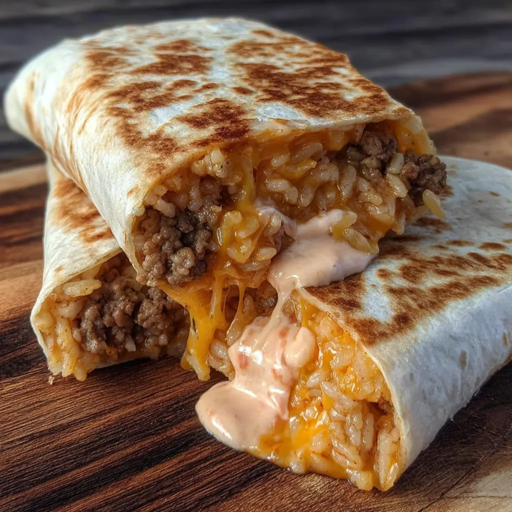 A burrito with rice and meat on a wooden table.