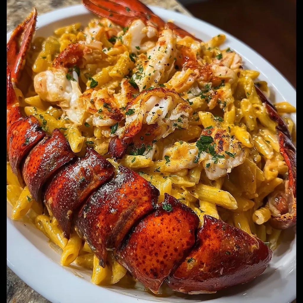A plate of food with lobster and noodles.