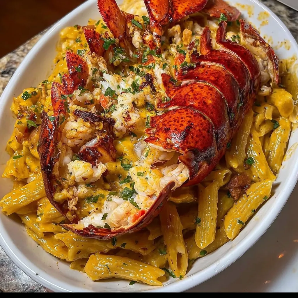 A bowl of pasta with a lobster claw on top.