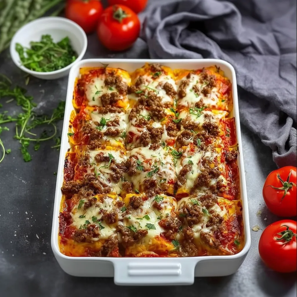 A white bowl with a tray holding a lasagna dish.