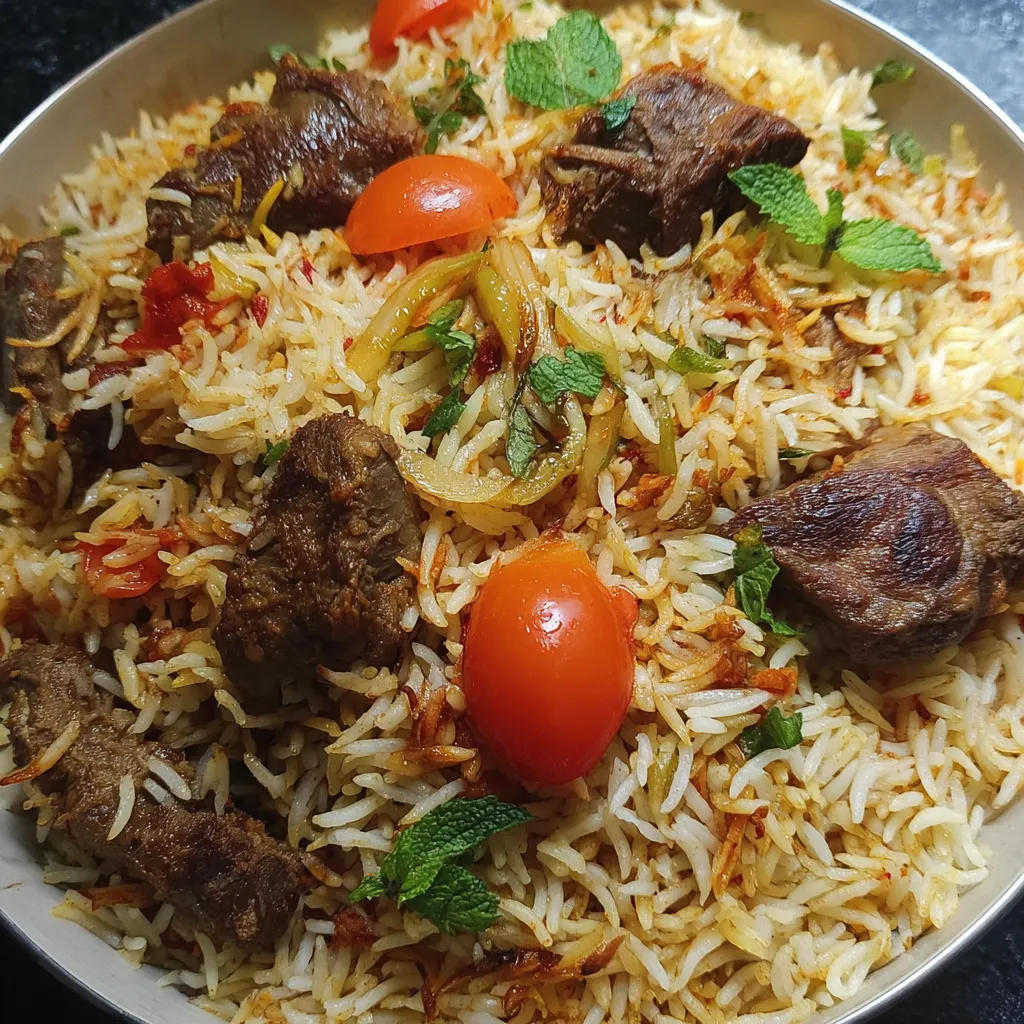 A bowl of rice with meat and tomatoes.