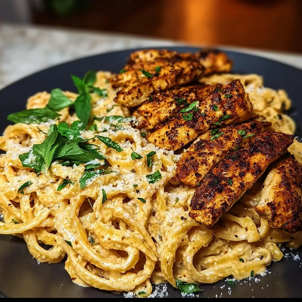 A plate of pasta with chicken and spinach.