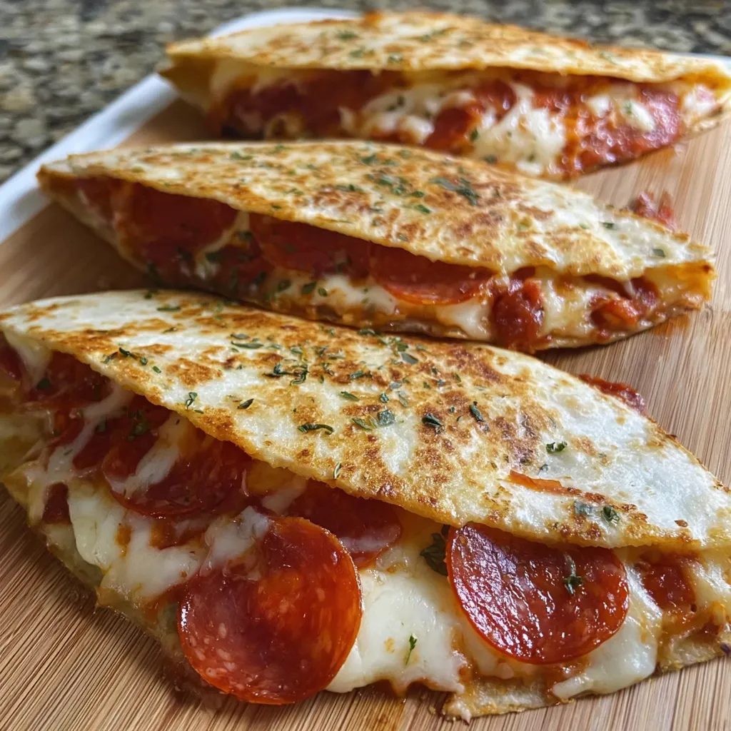 Two slices of pizza on a wooden cutting board.