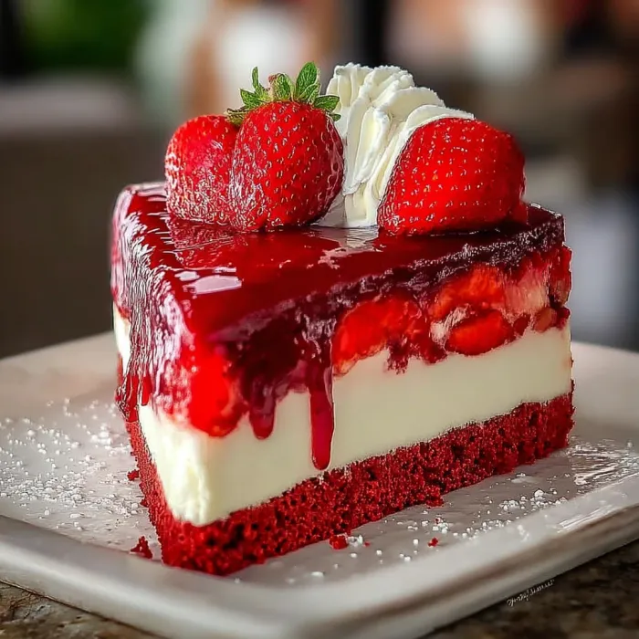 A slice of red velvet cake with white frosting and strawberries.