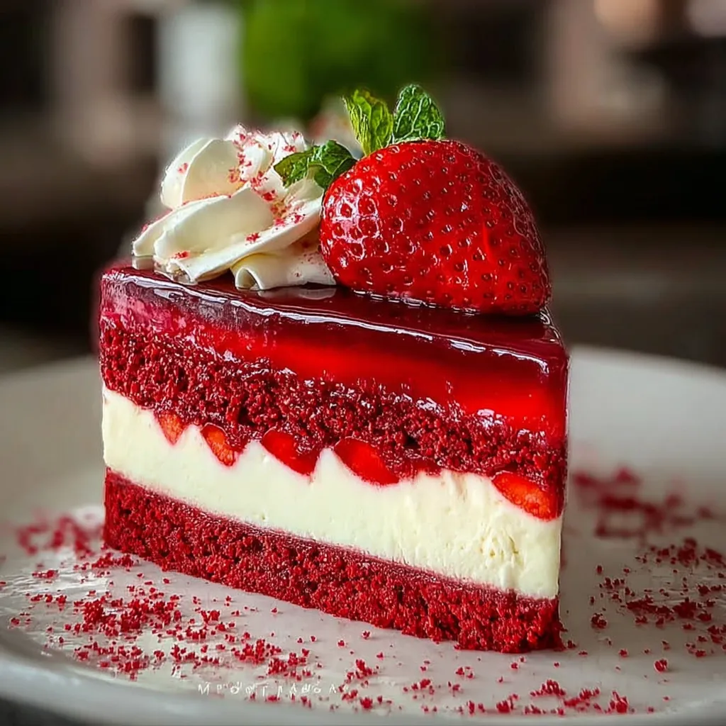 A slice of red velvet cake with strawberries on top.