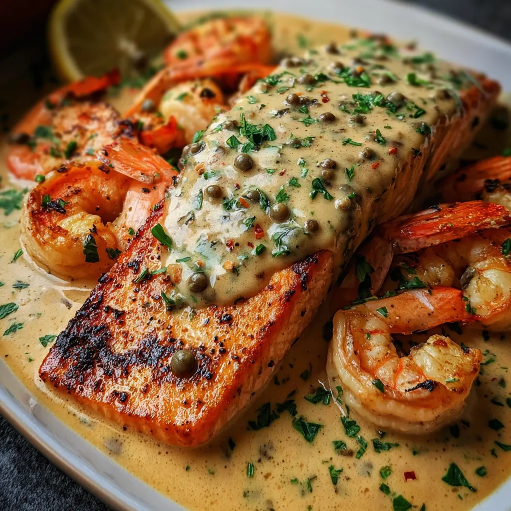 A plate of food with shrimp and fish.