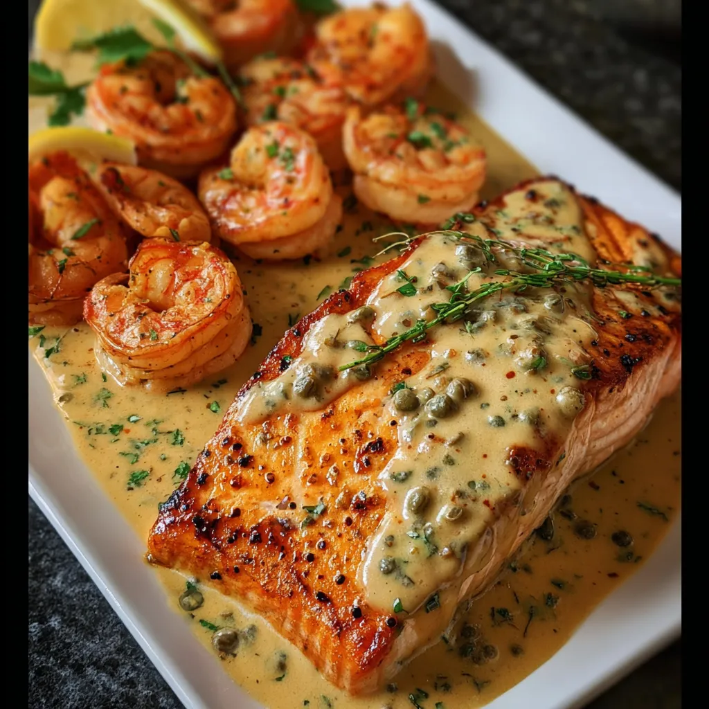 A plate of food with shrimp, salmon, and lemon.