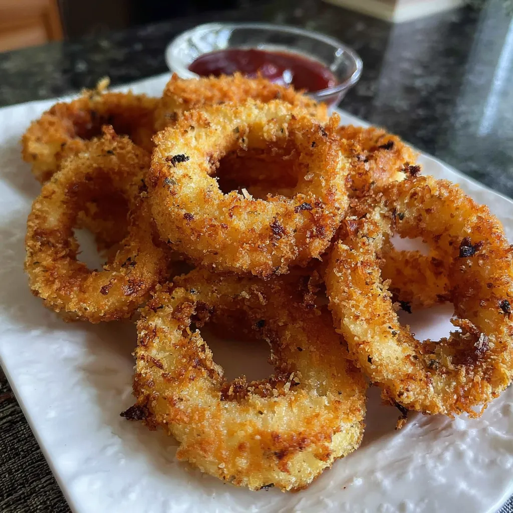 A plate of fried onion rings with a bowl of ketchup.