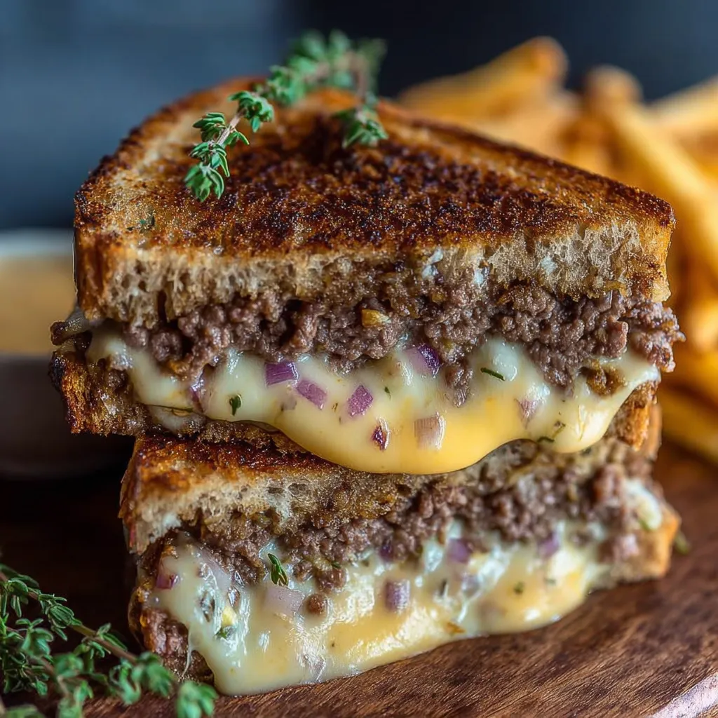 A sandwich with cheese and onions on a wooden table.