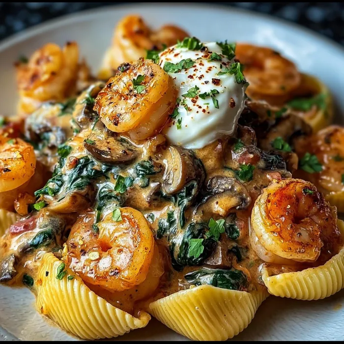 A plate of food with shrimp and mushrooms.