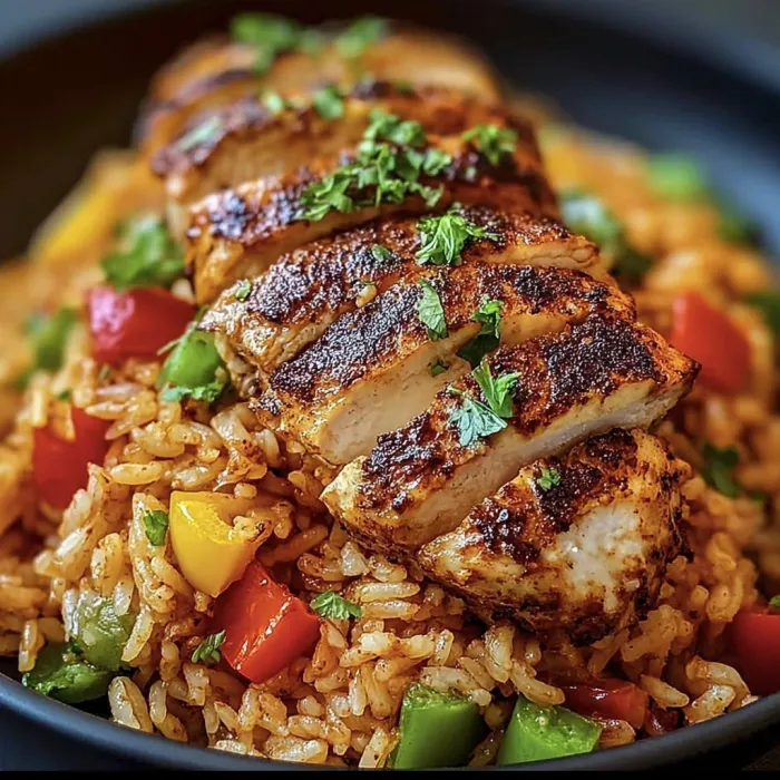 A plate of rice with chicken and vegetables.