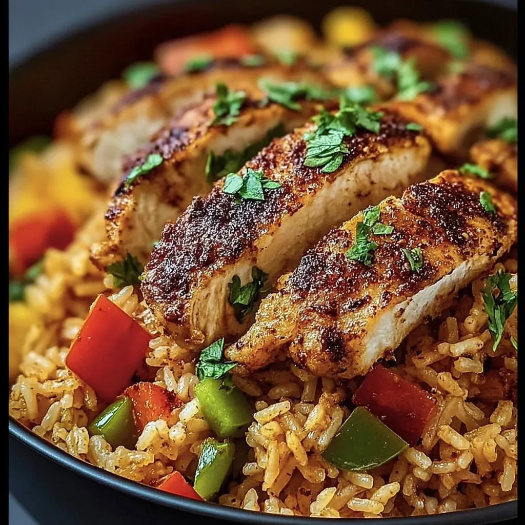 A bowl of rice with chicken and vegetables.