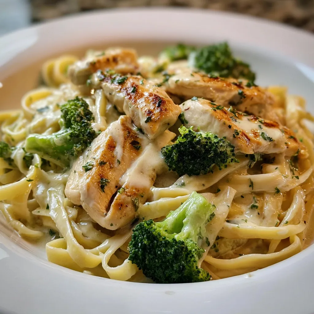 A plate of pasta with chicken and broccoli.