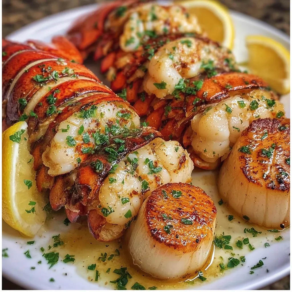 A plate of seafood with lobster, shrimp, and scallops.