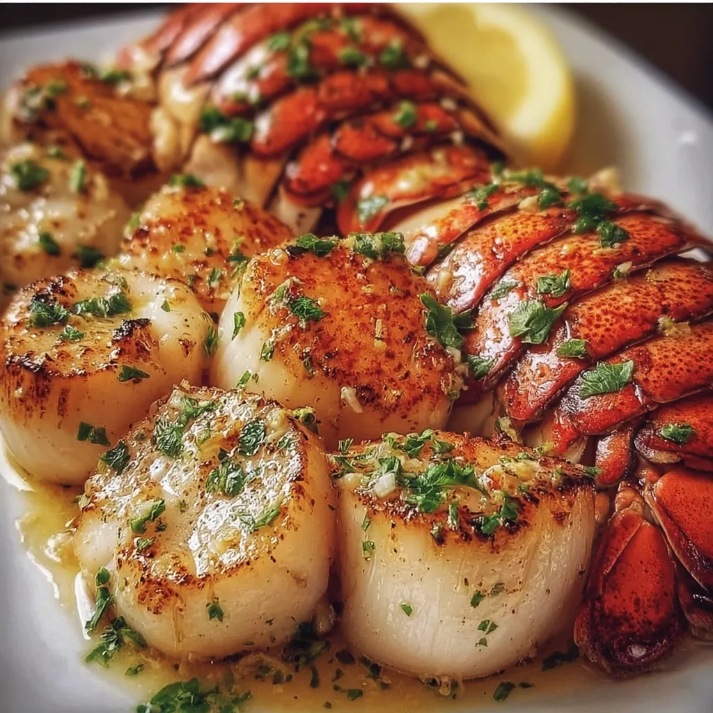 A plate of food with lobster and scallops.