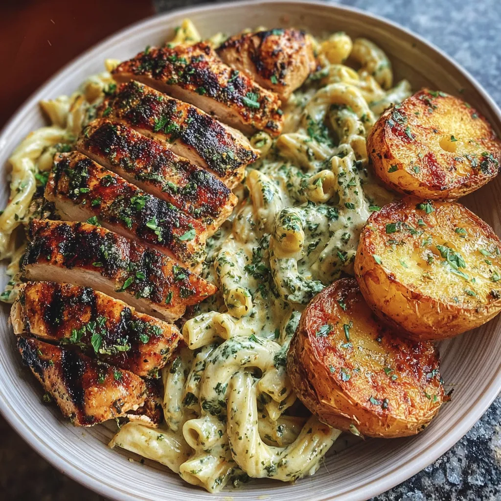 A plate of food with chicken, potatoes, and pasta.
