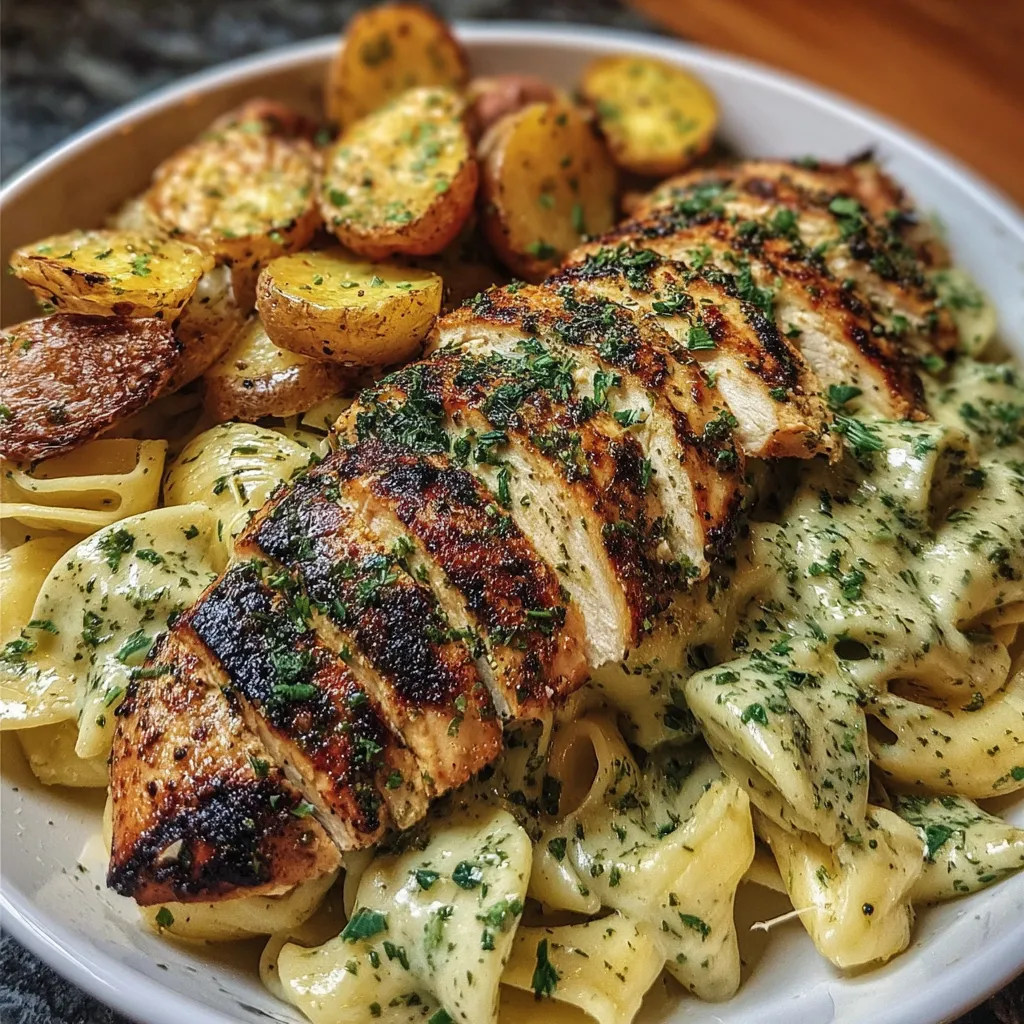 A plate of food with chicken, pasta, and potatoes.