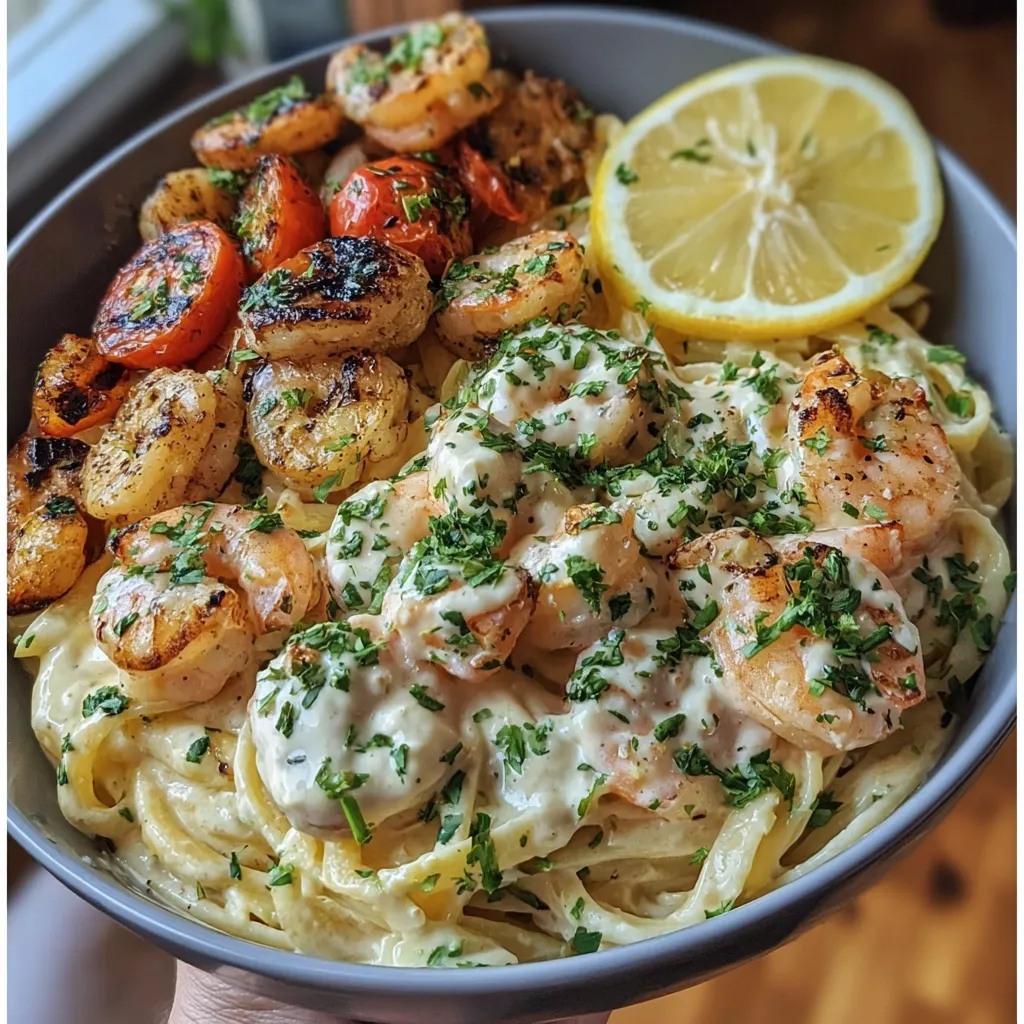 A bowl of shrimp and vegetables.