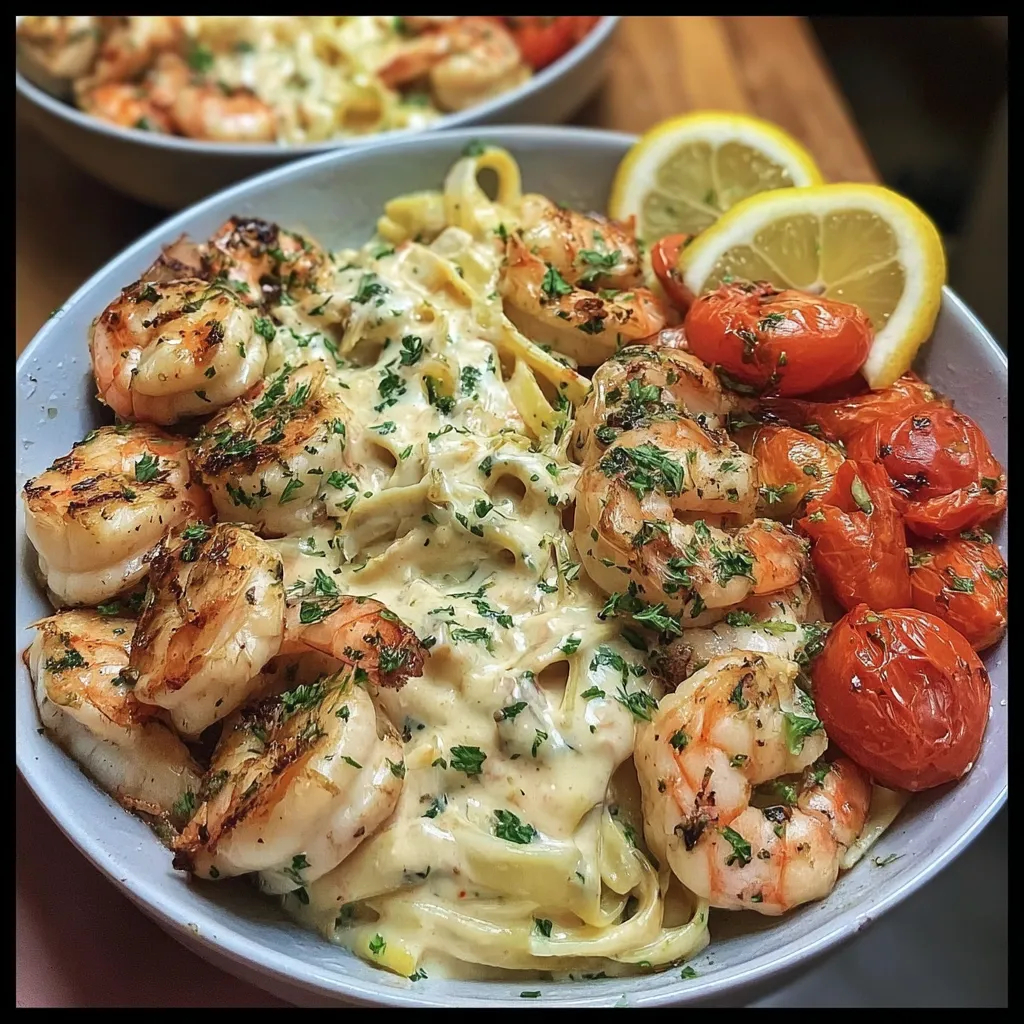 A bowl of shrimp and pasta.