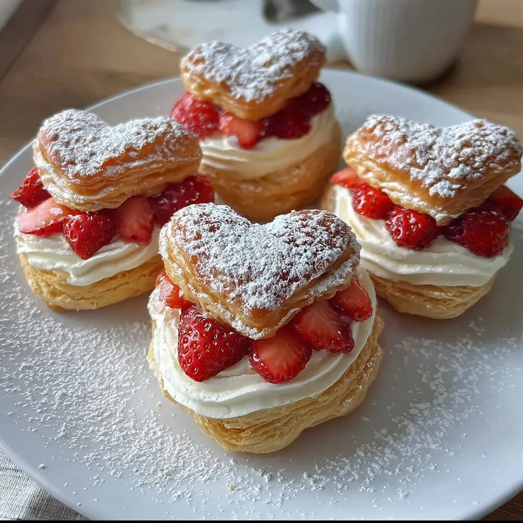 A plate of heart shaped pastries with strawberries.