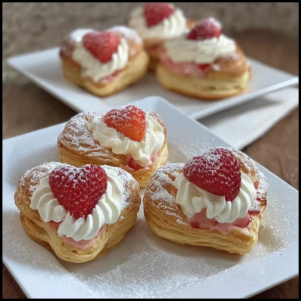 Two heart shaped pastries with strawberries and whipped cream.