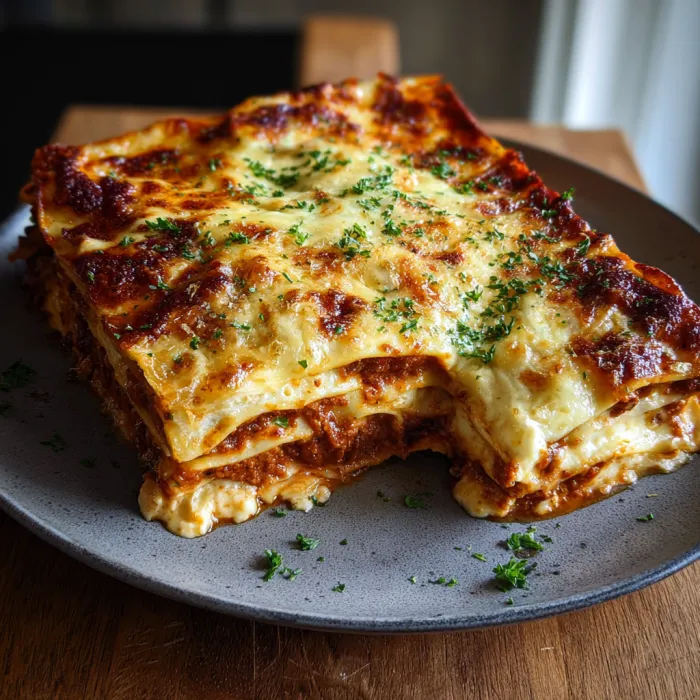 A stack of lasagna on a plate.