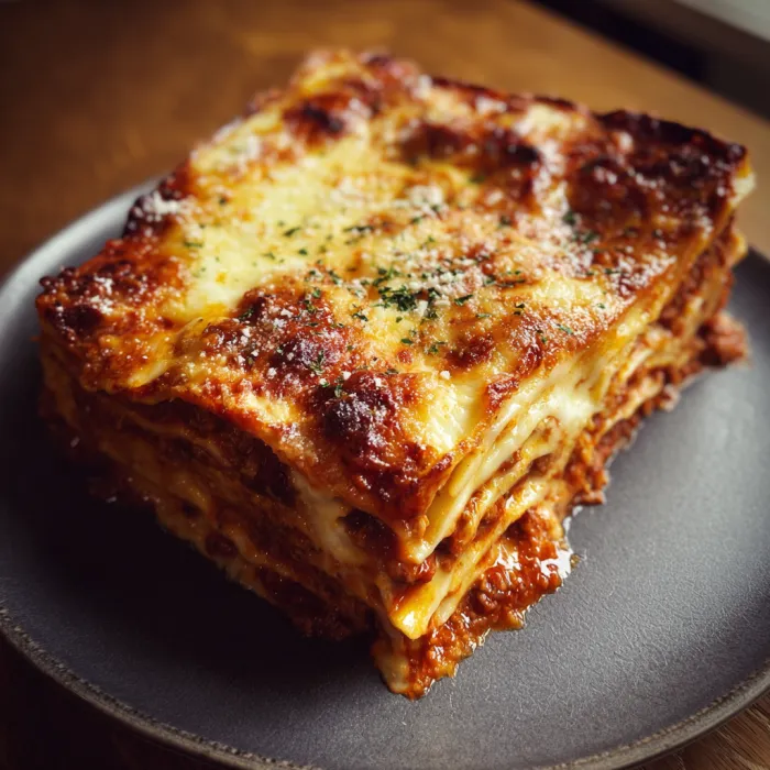 A plate with a slice of lasagna on it.