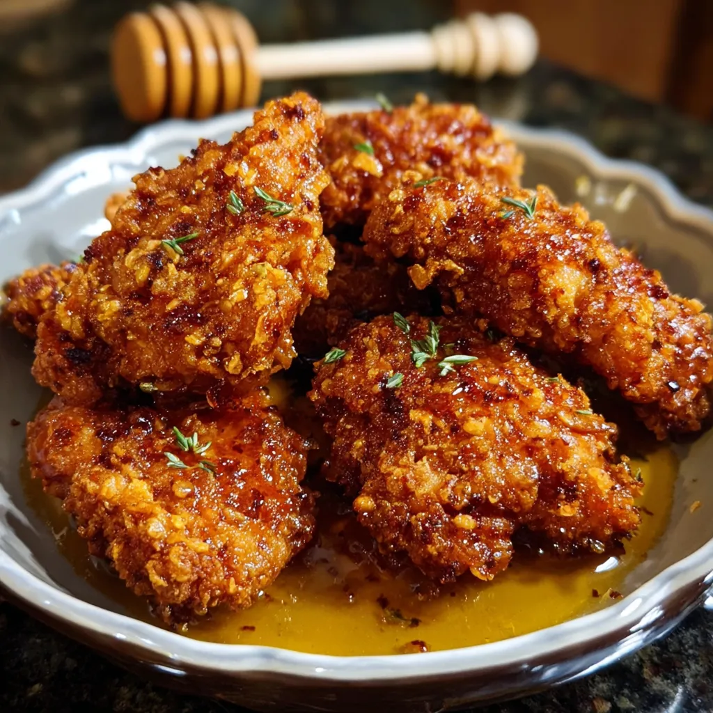 A plate of fried chicken with a honey dipping sauce.