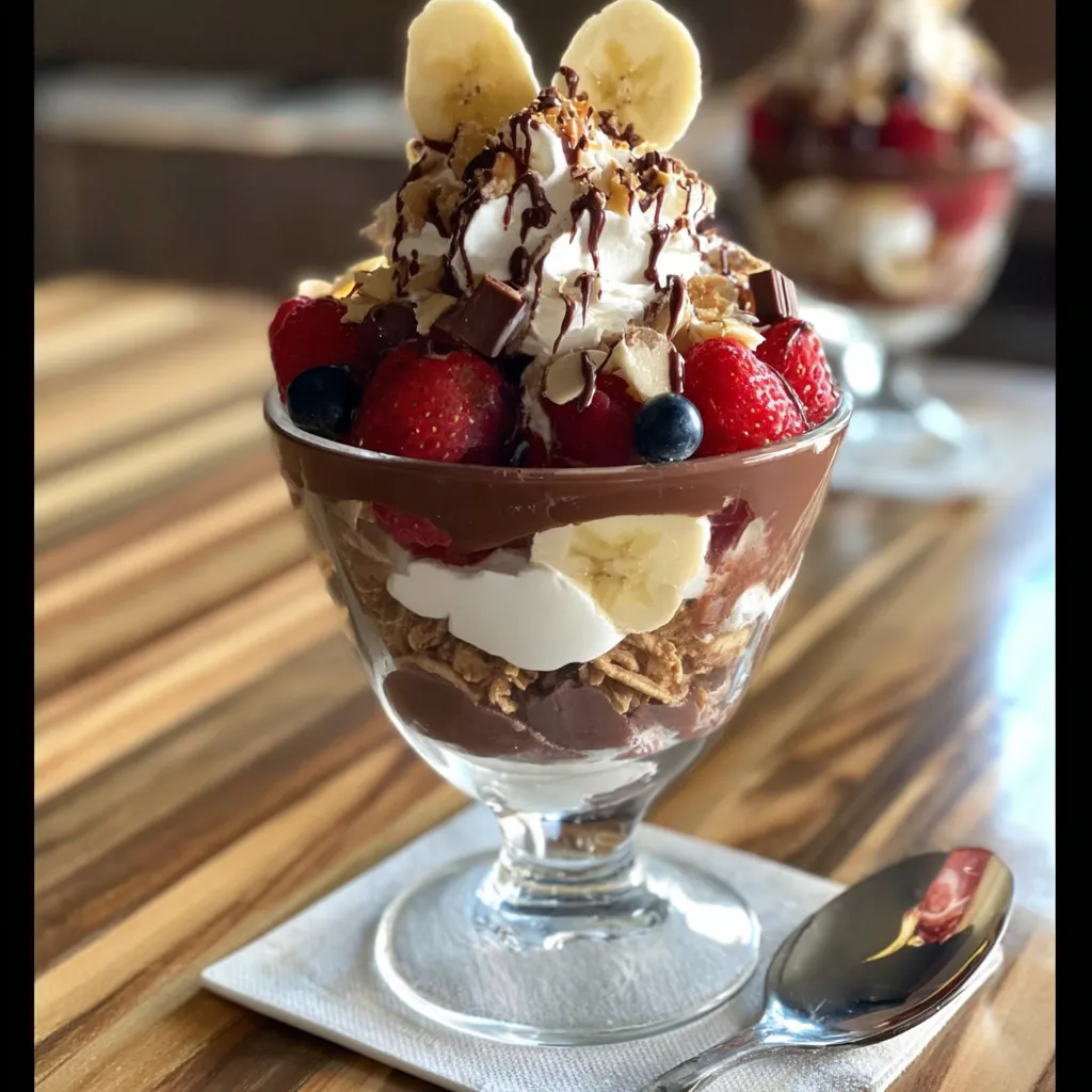 A banana split with chocolate and strawberries.