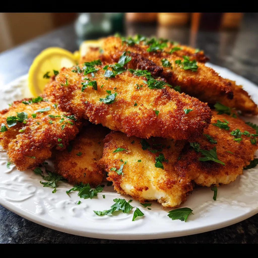 A plate of fried chicken with lemon wedges on top.