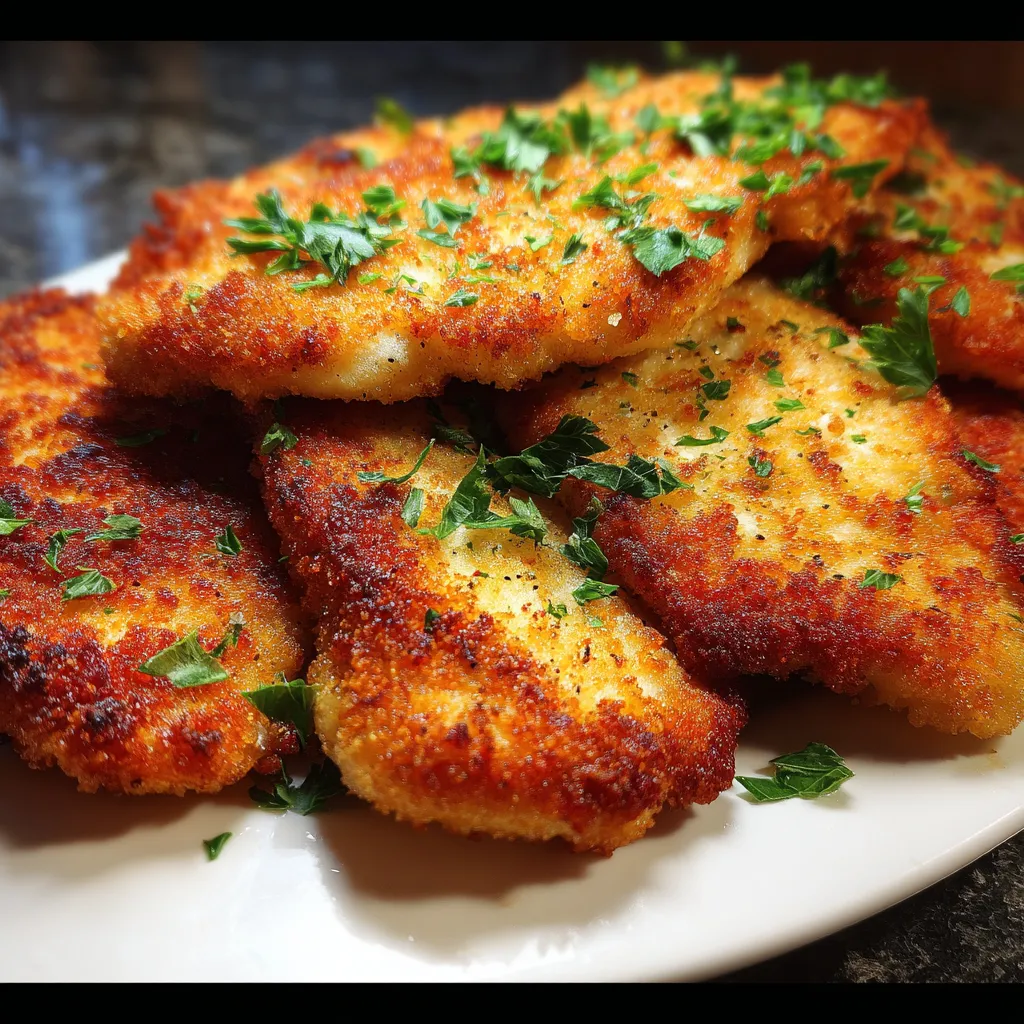 A plate of breaded chicken with parsley on top.