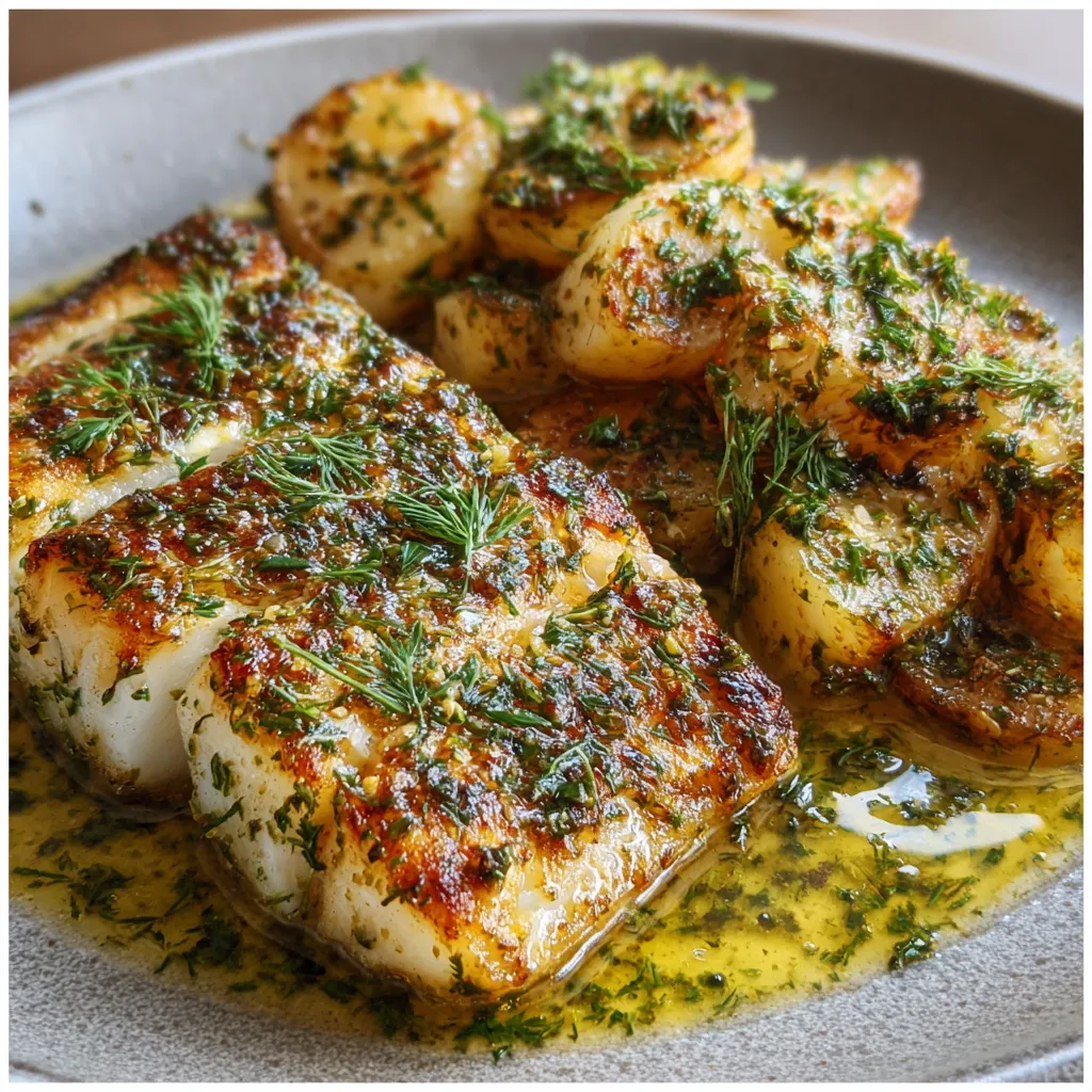 A plate of fish with herbs on top.