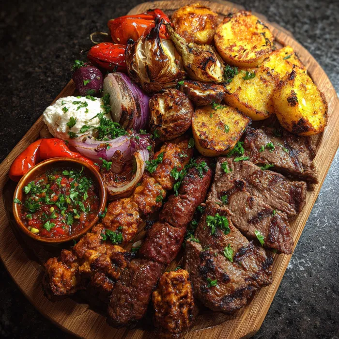 A wooden platter with a variety of foods.