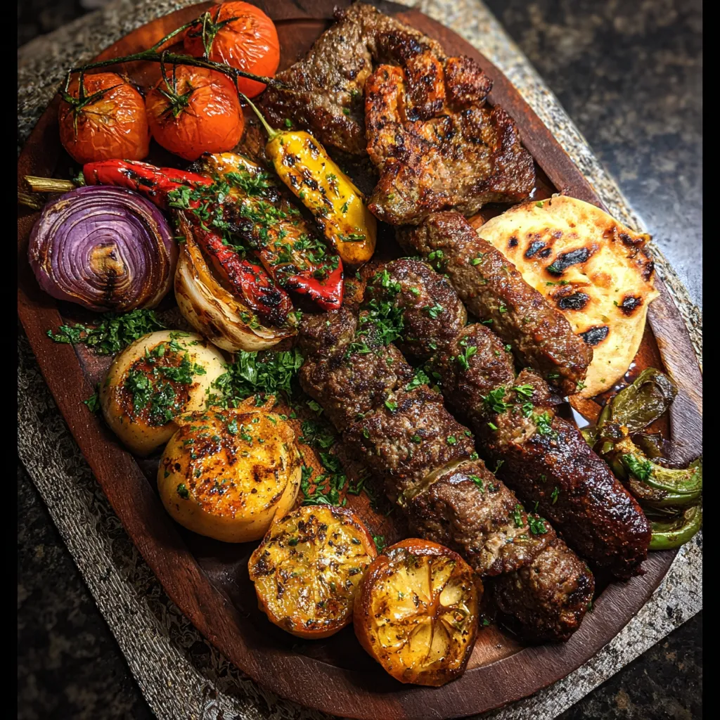 A wooden platter with a variety of food items.
