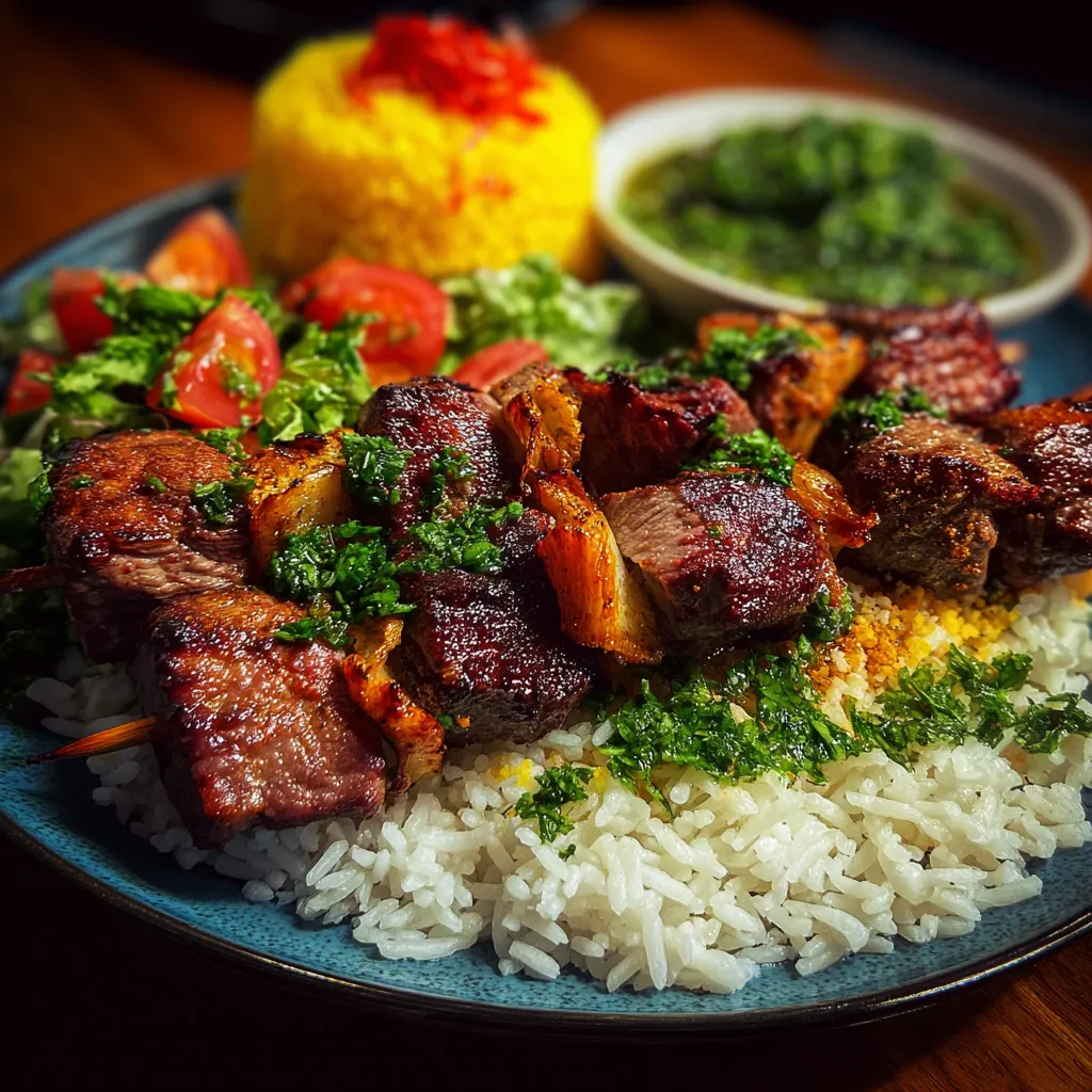 A plate of food with rice, meat, and a bowl of sauce.