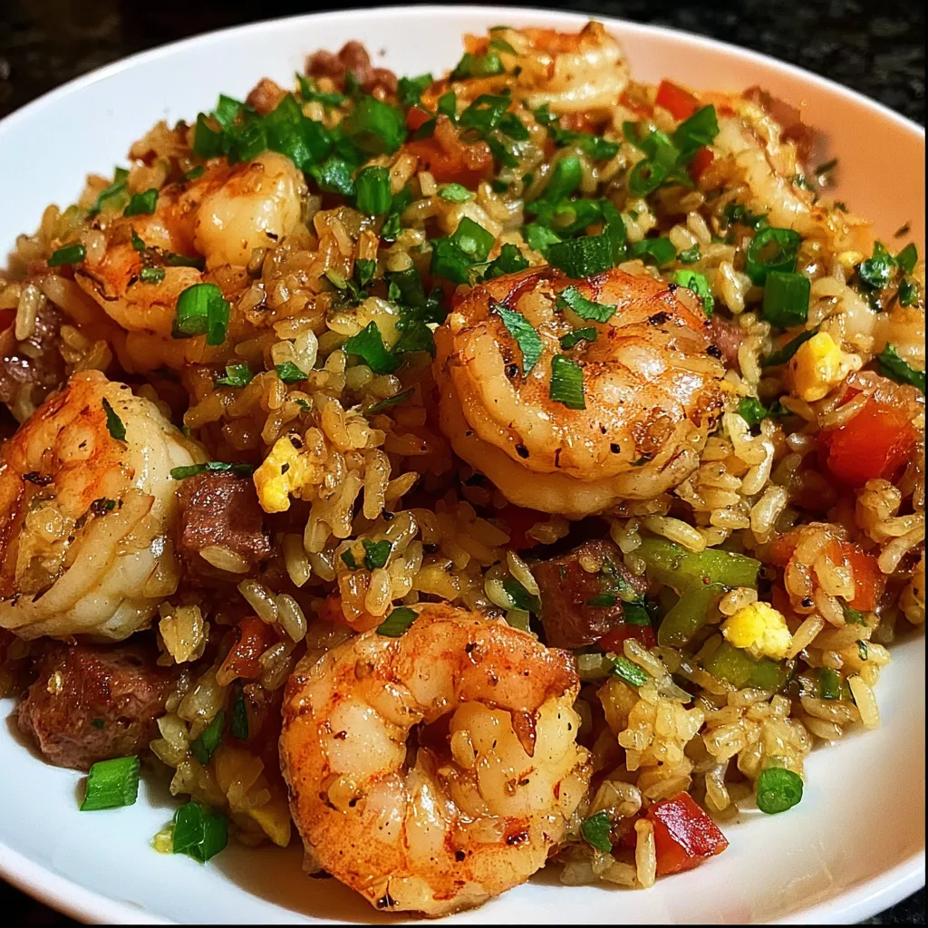 A bowl of rice with shrimp and vegetables.