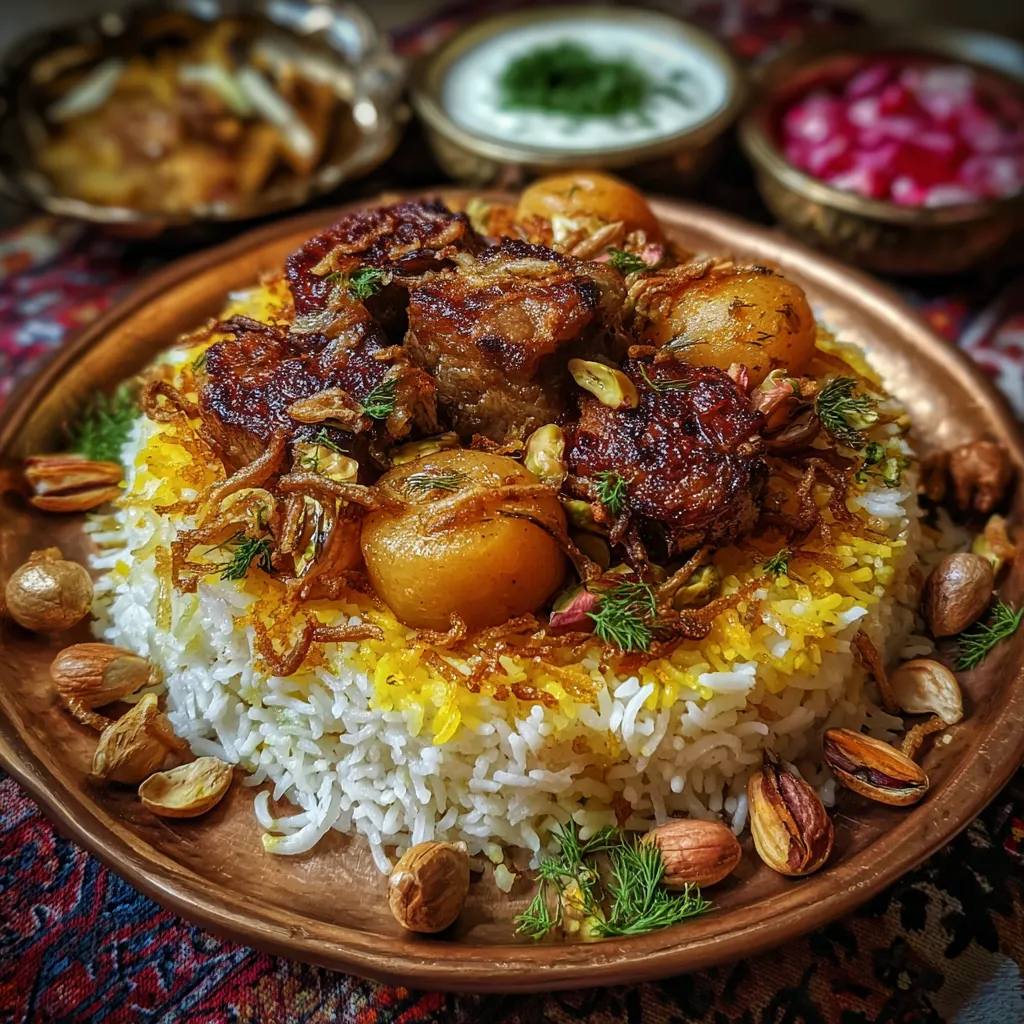 A plate of rice with meat and vegetables.