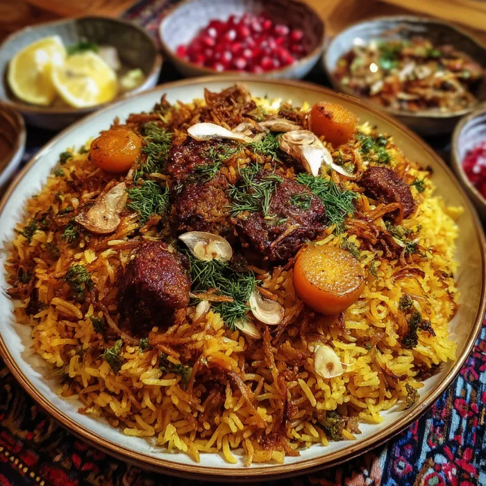 A plate of rice with meat and vegetables.