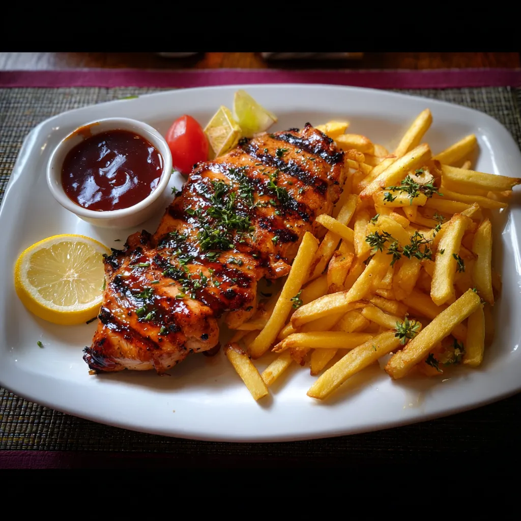 A plate of food with chicken, fries and tomatoes.