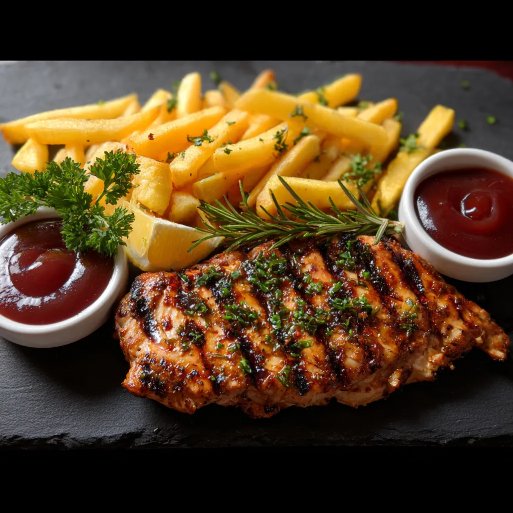 A plate of food with fries and a chicken breast.