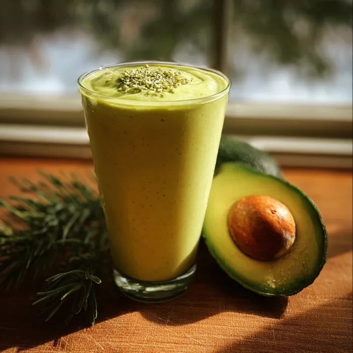A glass of green smoothie with a slice of avocado on the side.