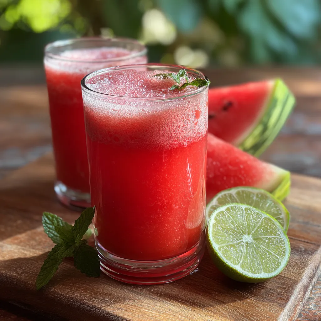 Two glasses of watermelon juice with slices of watermelon on a table.
