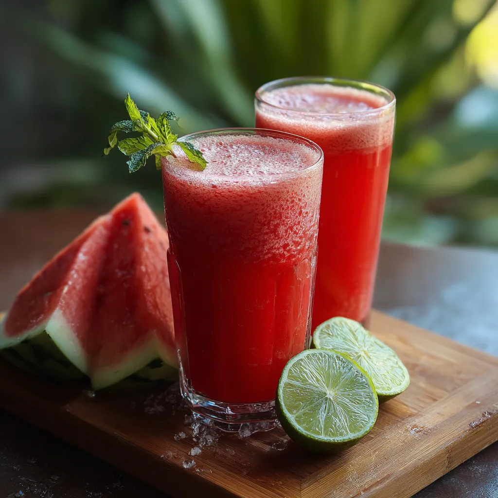 Two glasses of red juice with limes on a table.
