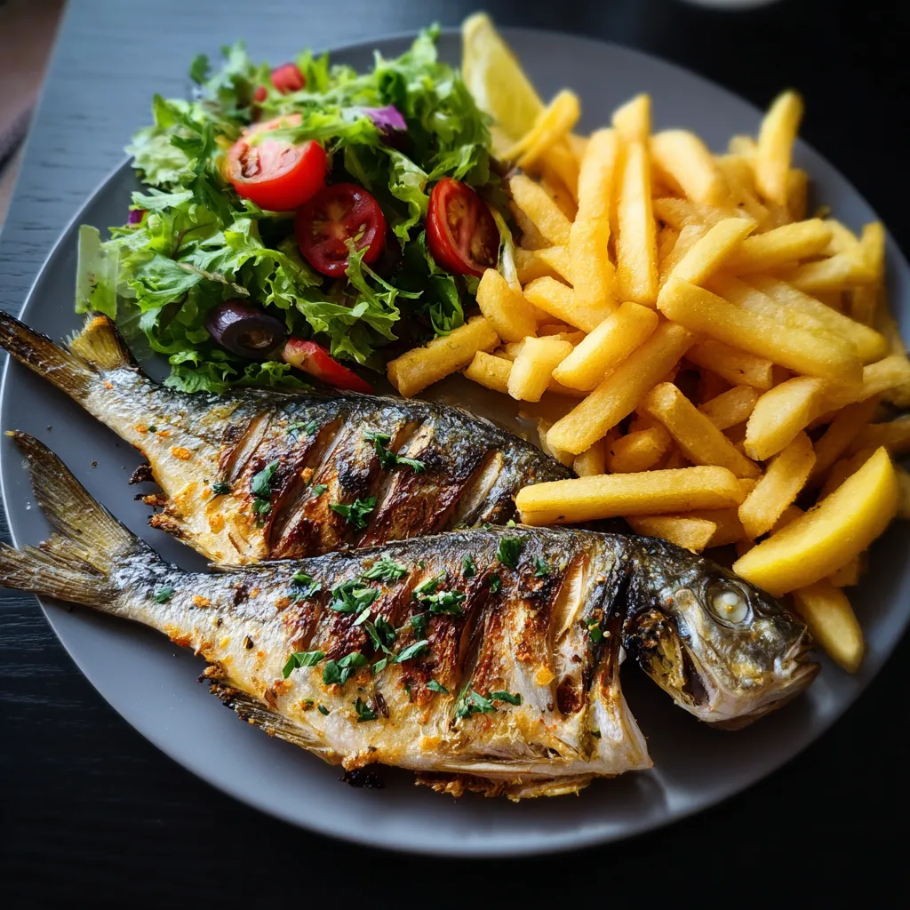 A plate of food with fish and fries.