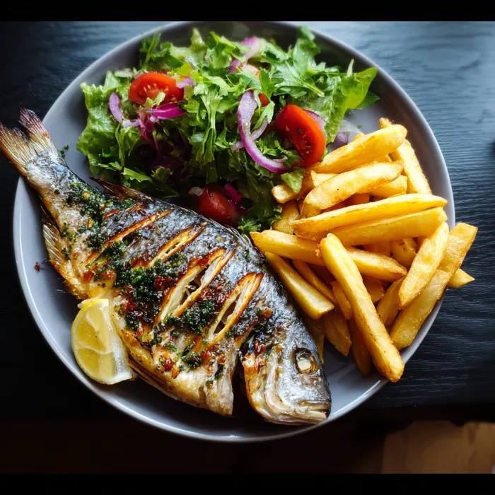A plate of food with a fish on it.