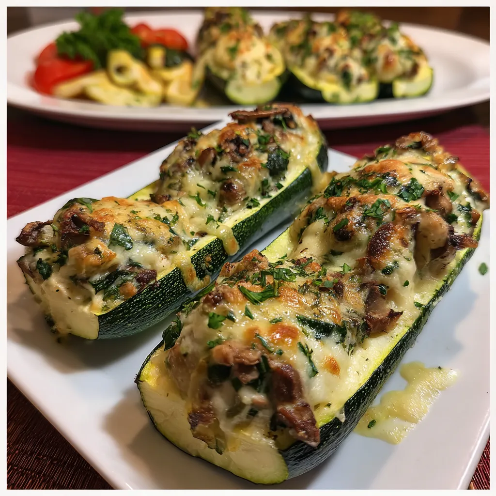Two zucchini stuffed with cheese and herbs.