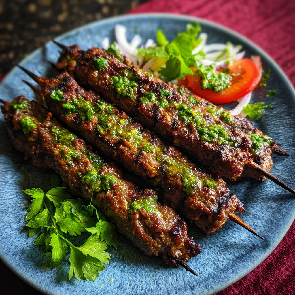 A plate of food with two meat skewers and vegetables.
