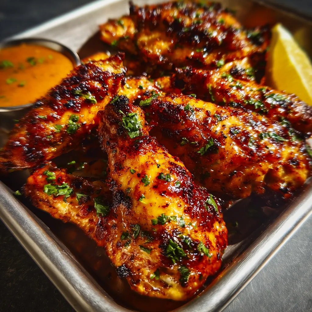 A pan of chicken wings with sauce.